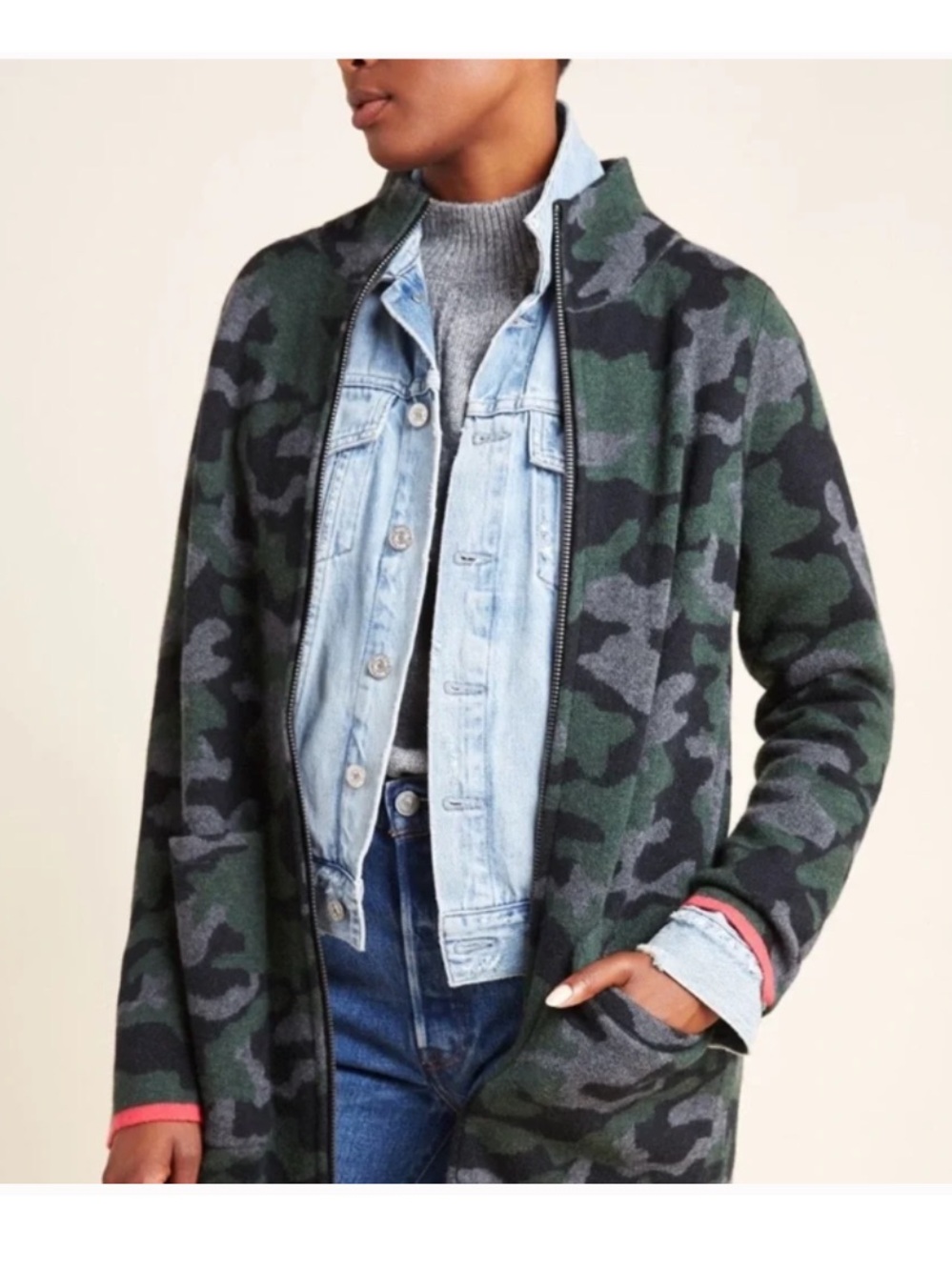 Field Flower 100% Wool Long Camo Open Cardigan Jacket